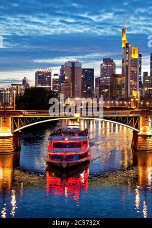 cityscape in the evening with the Main and financial district , Germany, Hesse, Frankfurt am Main Stock Photo