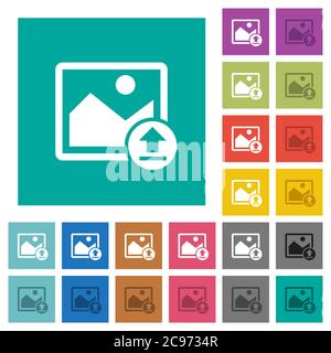Upload image multi colored flat icons on plain square backgrounds. Included white and darker icon variations for hover or active effects. Stock Vector