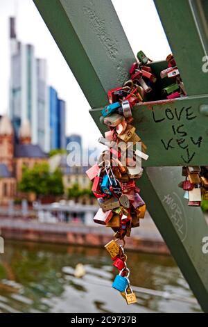 love locks at the Old Bridge, Germany, Hesse, Frankfurt am Main Stock Photo