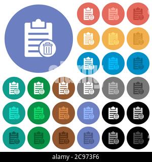 Delete note multi colored flat icons on round backgrounds. Included white, light and dark icon variations for hover and active status effects, and bon Stock Vector