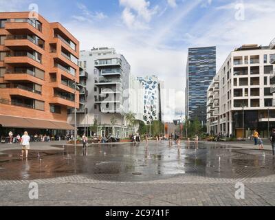 A new layer of buildings is being added in Bjorvika Oslo Norway directly on the fjord, business and apartment blocks combined with new public spaces Stock Photo