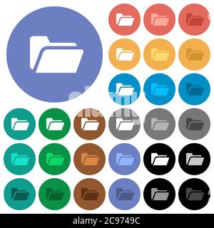 Folder open multi colored flat icons on round backgrounds. Included white, light and dark icon variations for hover and active status effects, and bon Stock Vector