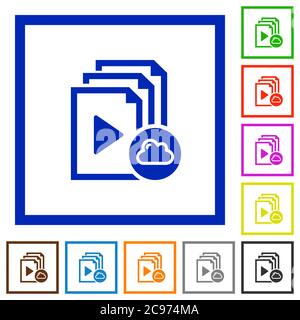 Cloud playlist flat color icons in square frames on white background Stock Vector