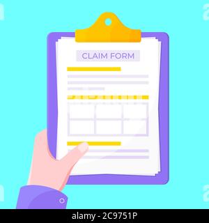 Clipboard with claim form on it, paper sheets, pen isolated on white background. Stock Vector