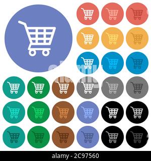 Shopping cart multi colored flat icons on round backgrounds. Included white, light and dark icon variations for hover and active status effects, and b Stock Vector