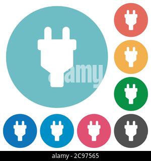 Power connector flat white icons on round color backgrounds Stock Vector