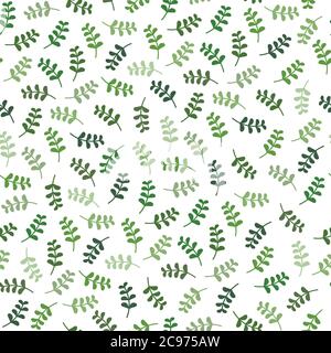 Seamless floral pattern with little bright green blades of grass. Floral texture on white background. Cartoon style sprigs with oval leaflets. For pri Stock Vector