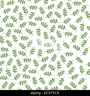 Seamless floral pattern with little bright green blades of grass. Floral texture on white background. Cartoon style sprigs with oval leaflets. For pri Stock Vector