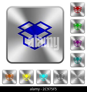 Open box engraved icons on rounded square glossy steel buttons Stock Vector