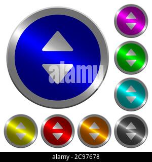 Vertical control arrows icons on round luminous coin-like color steel buttons Stock Vector