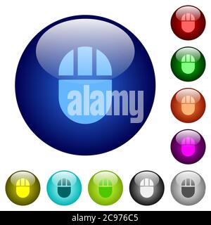 Three buttoned computer mouse icons on round color glass buttons Stock Vector