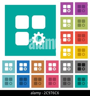 Component settings multi colored flat icons on plain square backgrounds. Included white and darker icon variations for hover or active effects. Stock Vector