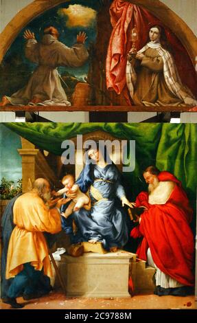 Lorenzo Lotto: The Madonna of the Roses: Madonna and Child with Saints Joseph and Jerome: Lunette: Saint Francis and Saint Clare Stock Photo