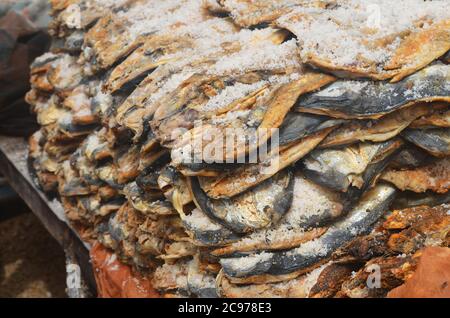 Artisanal fish processing site in Cayar, Senegal Stock Photo