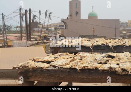 Artisanal fish processing site in Cayar, Senegal Stock Photo