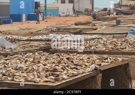 Artisanal fish processing site in Cayar, Senegal Stock Photo