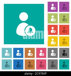 Notify user multi colored flat icons on plain square backgrounds. Included white and darker icon variations for hover or active effects. Stock Vector
