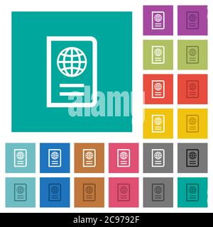 Passport multi colored flat icons on plain square backgrounds. Included white and darker icon variations for hover or active effects. Stock Vector