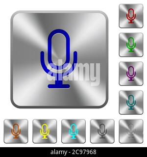 Microphone engraved icons on rounded square glossy steel buttons Stock Vector