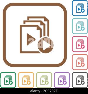 Start playlist simple icons in color rounded square frames on white background Stock Vector