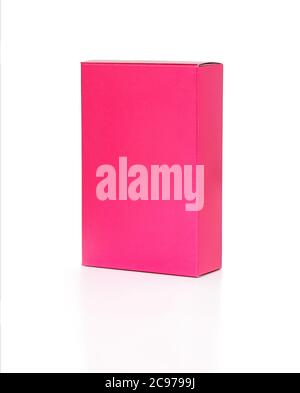 Pink rectangular box of perfume for woman or girl isolated on white background. Gift paper box with copy space. Front view. Stock Photo