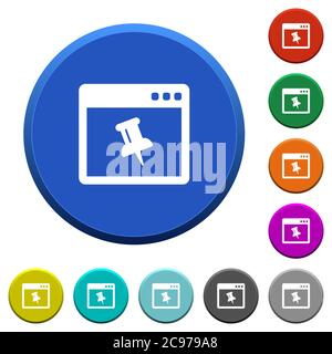 Application pin round color beveled buttons with smooth surfaces and flat white icons Stock Vector