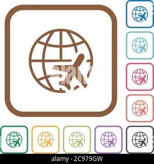World travel simple icons in color rounded square frames on white background Stock Vector