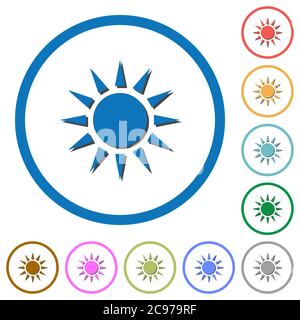 Sun flat color vector icons with shadows in round outlines on white background Stock Vector