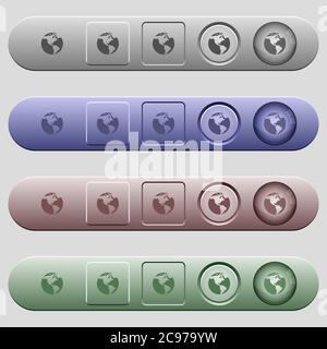 Earth icons on rounded horizontal menu bars in different colors and button styles Stock Vector