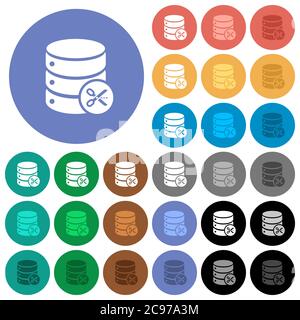 Database cut multi colored flat icons on round backgrounds. Included white, light and dark icon variations for hover and active status effects, and bo Stock Vector