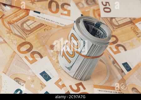 Lot of dollars and euros. Background  texture. Cash and currency concept Stock Photo