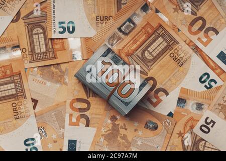 Lot of dollars and euros. Background  texture. Cash concept Stock Photo