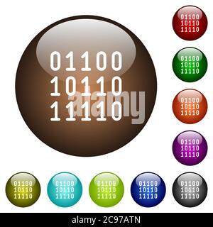Binary code white icons on round color glass buttons Stock Vector
