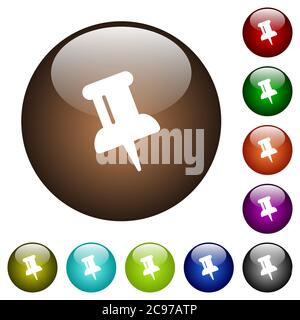Push pin white icons on round color glass buttons Stock Vector