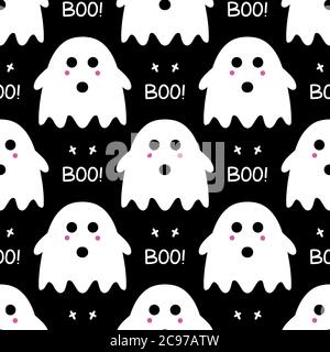 Cute ghost with pink blush, cross and boo lettering as seamless pattern on black background. Halloween holiday. Vector stock illustration. Stock Vector