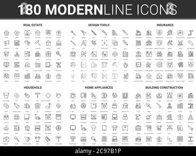 House property design vector illustration. Flat thin line household modern icon set of real estate and insurance symbols, designer repair tools, home appliance for housework, construction industry Stock Vector