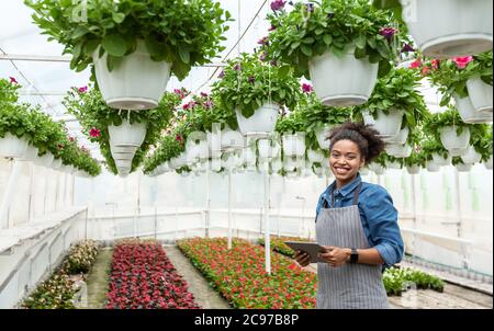 Gardener using digital tablet in greenhouse. Smiling girl with smart watch and tablet, in orangery Stock Photo