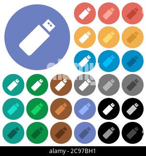 Pendrive multi colored flat icons on round backgrounds. Included white, light and dark icon variations for hover and active status effects, and bonus Stock Vector