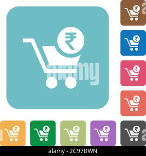 Checkout with Rupee cart white flat icons on color rounded square backgrounds Stock Vector