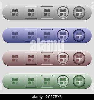 Delete component icons on rounded horizontal menu bars in different colors and button styles Stock Vector