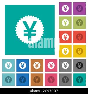 Yen sticker multi colored flat icons on plain square backgrounds. Included white and darker icon variations for hover or active effects. Stock Vector