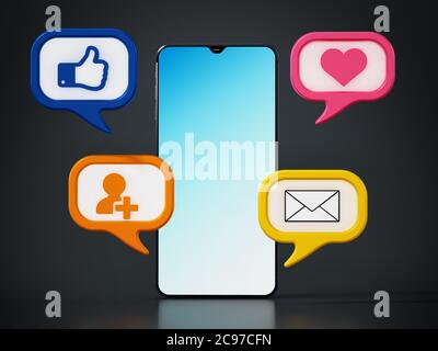 Social media symbols inside speech balloons on smartphone. 3D illustration. Stock Photo