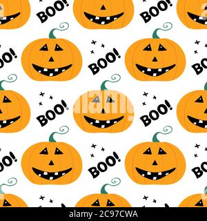 Cute smiling pumpkin character with boo lettering and cross. Halloween seamless pattern. Isolated on white background. Vector stock illustration. Stock Vector