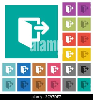 Exit multi colored flat icons on plain square backgrounds. Included white and darker icon variations for hover or active effects. Stock Vector