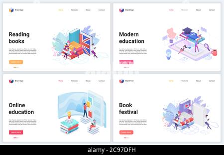 Book reading isometric set with electronic book headphones shelves of ...