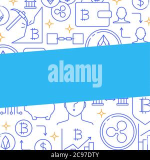 Digital currency concept poster in line style. Cryptocurrency banner with place for text. Bitcoin and digital coins symbols. Vector illustration. Stock Vector