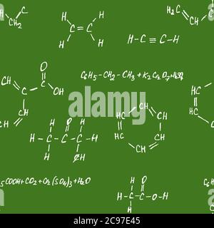 Seamlessly vector wallpaper chemistry scribbles on green chalkboard Stock Vector