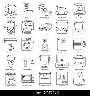 Smart home appliances icon set in line style. Internet of things symbols. Vector illustration. Stock Vector