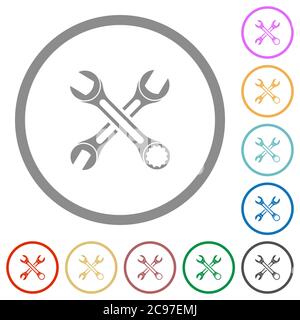 Two wrenches flat color icons in round outlines on white background Stock Vector