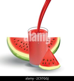 Watermelon juice with splash isolated on white. glass with red fresh Watermelon Juice. 3d realistic Vector illustration for your design Stock Vector